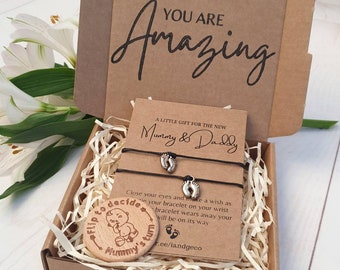 New Parents Gift Box. Mummy and Daddy to Be, Pair of Wish Bracelets+ New Parent Decision Coin. Eco Friendly Sustainable Baby Shower Gift Set