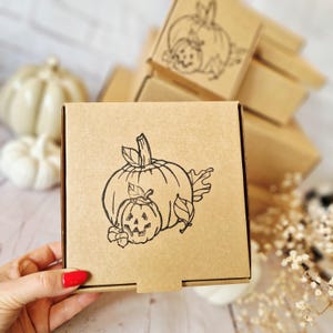 Könnte beinhalten: Eine braune Pappschachtel mit einer schwarzen Kürbisillustration. Das Kürbismotiv zeigt einen großen Kürbis mit Blättern und einen kleineren Jack-o'-Lantern. Weitere Schachteln mit ähnlichen Designs sind im Hintergrund gestapelt.