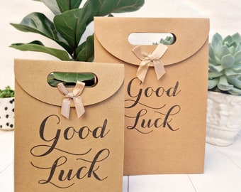 Good Luck Paper Gift Bag With Ribbon Bow. Elegant, Minimalistic Eco Packaging for Graduations, Job Celebrations, New Beginnings, Exams