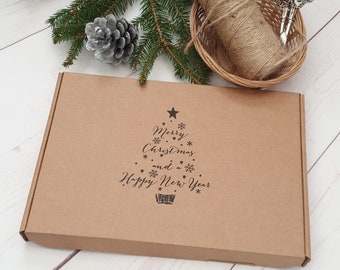 Merry Christmas Empty Hand Stamped Kraft Gift Box. Eco Friendly Xmas Recyclable Packaging. Medium C5 Letter Box. Unique Cardboard PIP Box