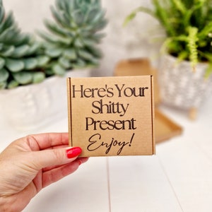 May include: A brown cardboard box with the text "Here's Your Shitty Present Enjoy!" printed on it.