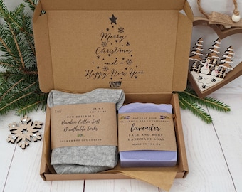 Eco Friendly Christmas Gift For her: UK natural lavender handmade soap + bamboo socks. Sustainable, plastic free, zero waste and vegan set