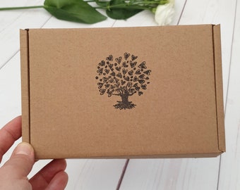 Love Heart Tree Hand Stamped Kraft Empty Gift Box. Eco Friendly Recyclable Packaging. Unique Royal Mail Large Letter Cardboard PIP C6 Box.