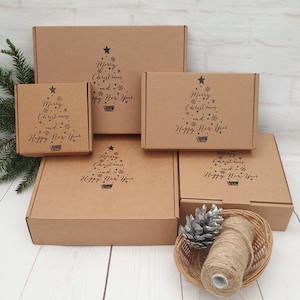 Empty Christmas Gift Box. Mini Small Medium Cardboard Postage Box With Christmas Tree. Unique Eco Friendly Recyclable Sustainable Packaging