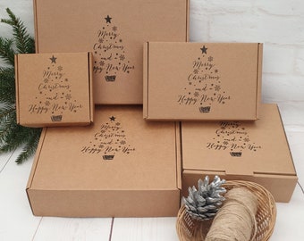 Empty Christmas Gift Box. Mini Small Medium Cardboard Postage Box With Christmas Tree. Unique Eco Friendly Recyclable Sustainable Packaging