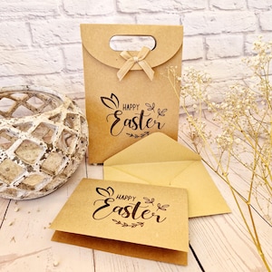Sac-cadeau kraft Joyeuses Pâques avec carte assortie. Élégant sac de cadeaux estampé à la main avec ruban pour chasse aux œufs de Pâques, sac de friandises