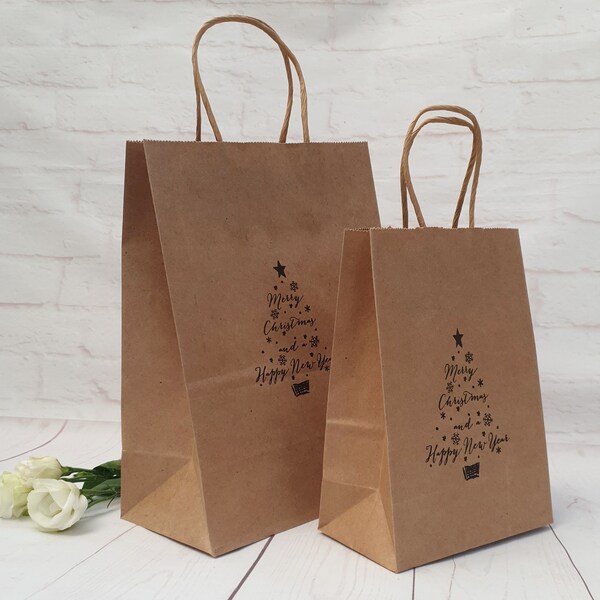 Merry Christmas Party Bags, Small & Medium Kraft Brown Christmas Gift Bags.  Unique Festive Season Gift Bags With Christmas Tree Stamp