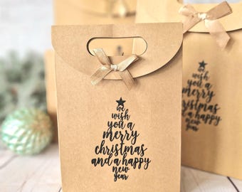 Wir wünschen Ihnen frohe Weihnachten Geschenktüte Umweltfreundliche handgestempelte Kraftpapiertüte mit Band | Mini, kleine, mittlere und große Größen