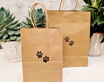 Paw Print Kraft Party Gift Bag. Small/Medium Eco Friendly Brown Paper Birthday Bag. Cute Stylish Hand Stamped Treat Bags with Twist Handles