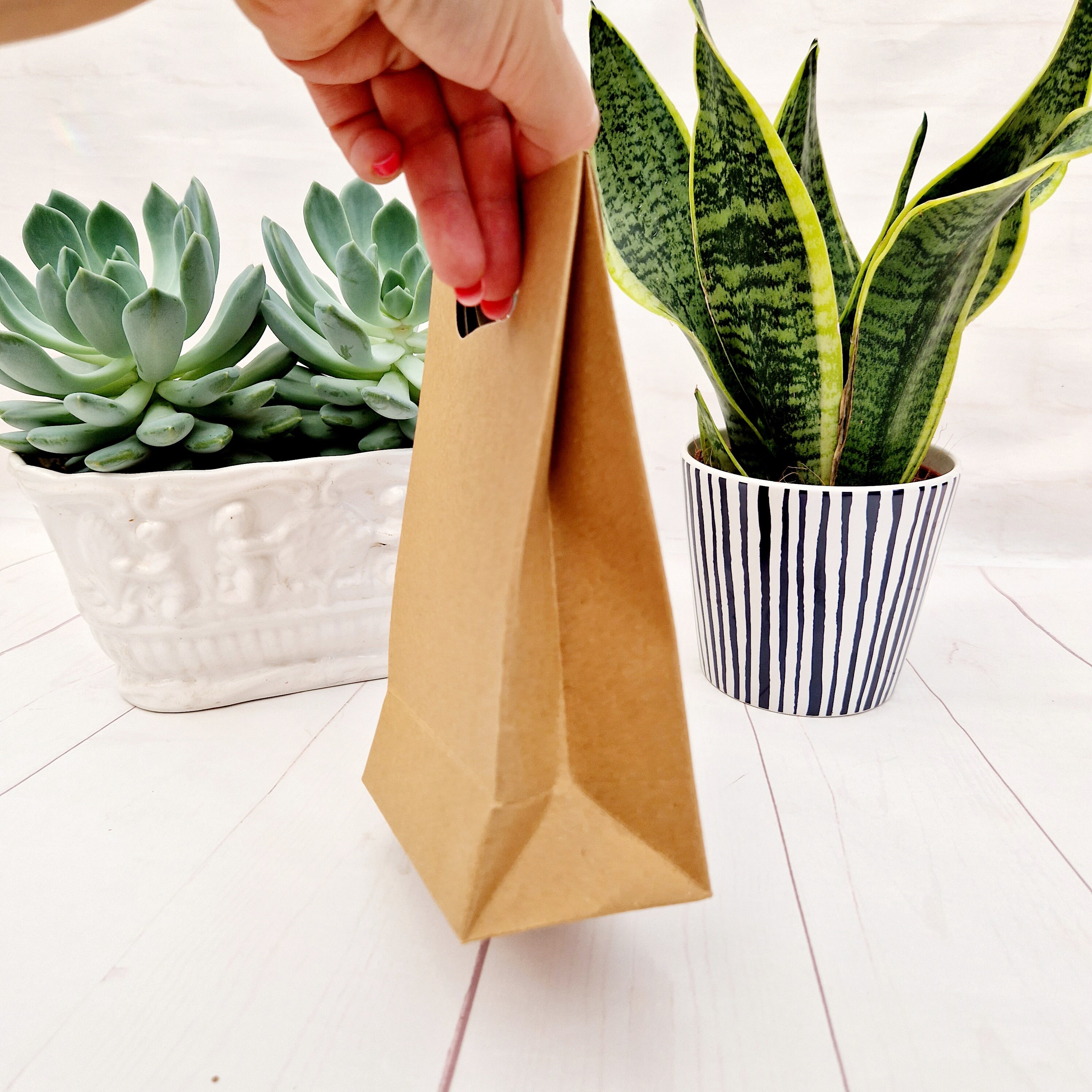 Dankeschön-Party-Geschenktüte. Kleine/mittlere umweltfreundliche braune Kraftpapiertüte. Geburtstag, Hotel, Junggesellinnenabschied, Hochzeit. Tasche mit Schleife zum Binden