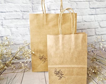 Eco Paper Gift Bags With Floral Leaf Design – Handmade Stamped Kraft Bags for Mother’s Day, Birthday, Wedding, Baby Shower, Hen Party & More