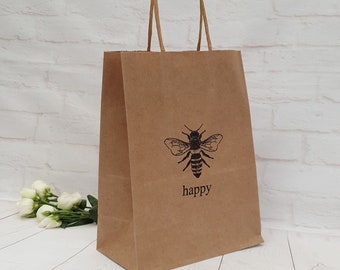 Bee Happy Party Favors Bag. Medium Kraft Eco Friendly Brown Paper Bag. Birthday, Hotel, Hen Party, Baby Shower, Wedding Guests, Business