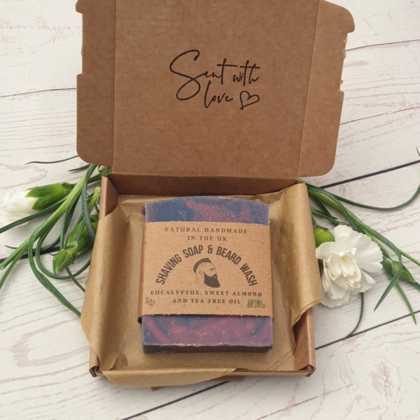 UK Handmade Natural Shaving Soap & Beard Wash. Cold Process, Vegan, Palm Oil Free, Plastic Free, Zero Waste, Eco Friendly Mens Soap Gift Box