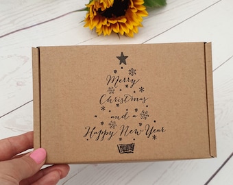 Merry Christmas and Happy New Year Hand Stamped Kraft Empty Gift Box. Eco Friendly Recyclable Packaging. Unique Cardboard PIP C6/A6 Box