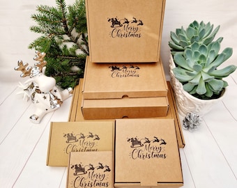 Christmas Empty Hand Stamped Kraft Gift Boxes, Mini, Medium, Small Parcels, Cardboard Boxes. Sturdy & Cute Xmas Eco Friendly Packaging