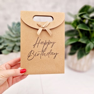 Happy Birthday- Hand Stamped Kraft Paper Gift Bag. Ribbon Tie Sturdy Bag. Simple, Minimalistic, Elegant, Eco Friendly & Recyclable Packaging