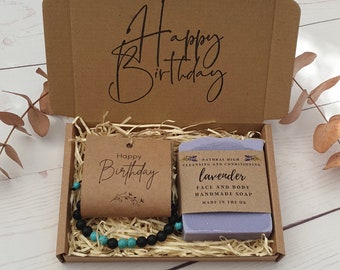 Birthday Gift For Her. Sustainable Vegan Happy Birthday Gift Box. Natural Lava Stone Healing Bracelet + Natural Organic UK Handmade Soap