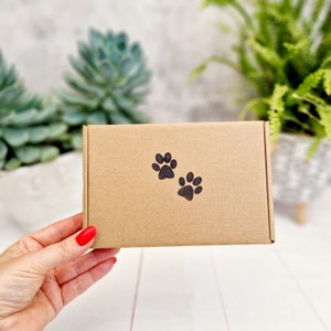 Impression de patte - boîte-cadeau kraft vide. Grande boîte en carton marron PIP C6/A6 Royal Mail. Boîte mignonne et élégante pour les amoureux des animaux. Boîte mémoire chat, chien