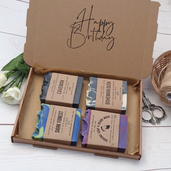 Eco Friendly Soap Gift Box for Men. 4 UK Handmade Natural Face / Body Soaps, Sustainable, Plastic Free, Zero Waste, Vegan Gift  Set For Him