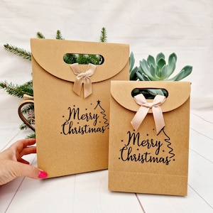 Merry Christmas Party Bag. Small or Medium Kraft Brown Paper Gift Xmas Bags. Eco-friendly Adorable Hand-Stamped Carrier Bag with Ribbon