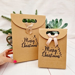 Merry Christmas Party Bag. Small or Medium Kraft Brown Paper Gift Xmas Bags. Eco-friendly Adorable Hand-Stamped Carrier Bag with Ribbon