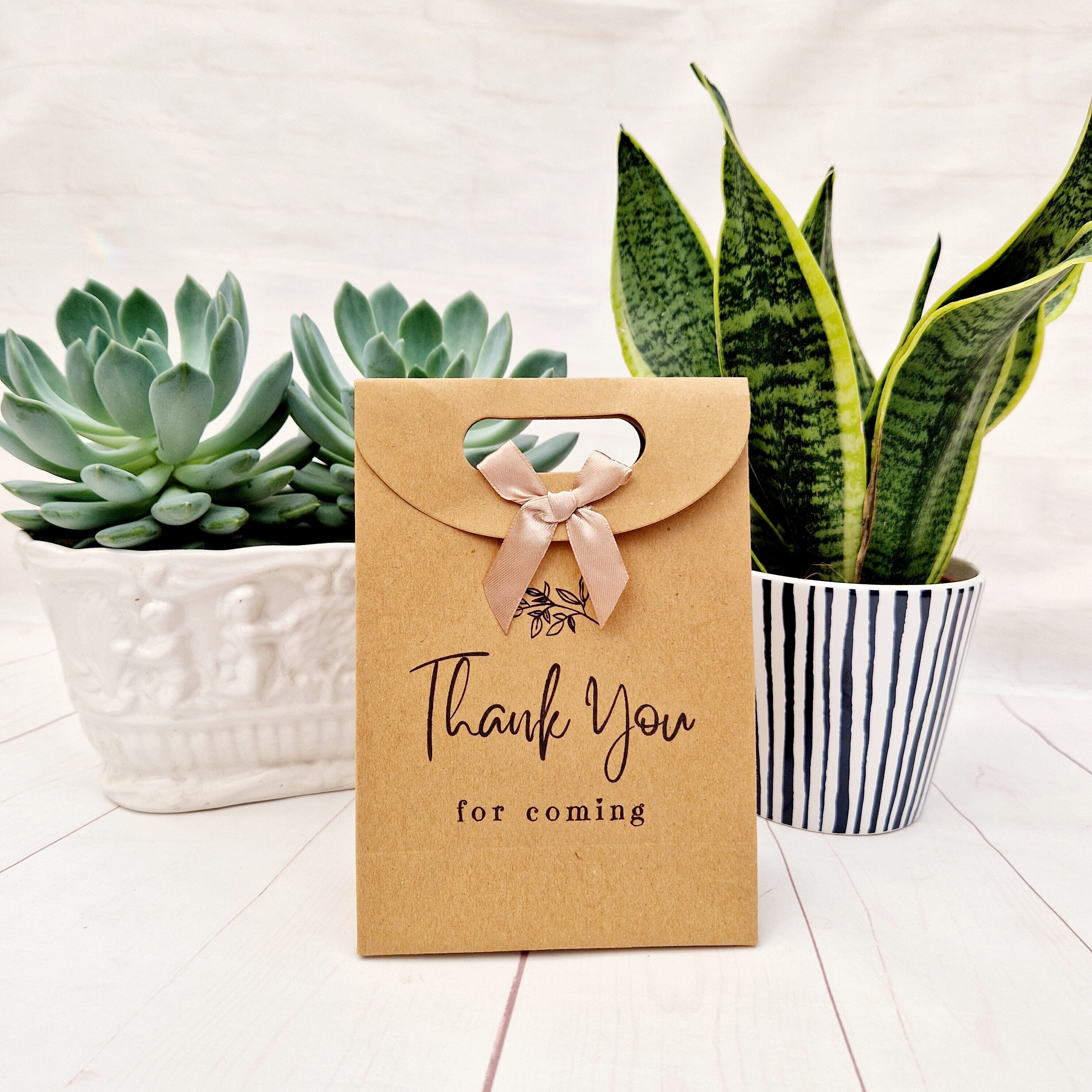 Dankeschön-Party-Geschenktüte. Kleine/mittlere umweltfreundliche braune Kraftpapiertüte. Geburtstag, Hotel, Junggesellinnenabschied, Hochzeit. Tasche mit Schleife zum Binden