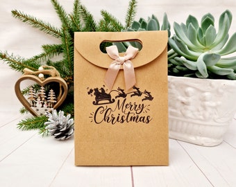 Merry Christmas Party Bag. Small or Medium Kraft Brown Paper Gift Xmas Bags. Eco-friendly Adorable Hand-Stamped Carrier Bag with Ribbon Tie