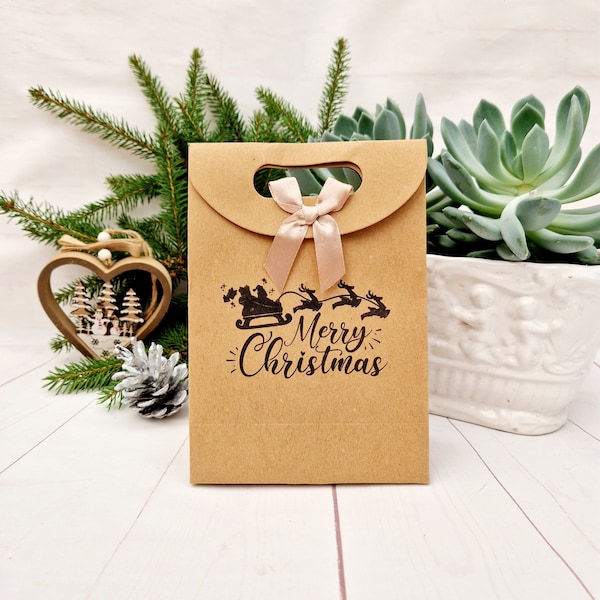 Merry Christmas Party Bag. Small or Medium Kraft Brown Paper Gift Xmas Bags. Eco-friendly Adorable Hand-Stamped Carrier Bag with Ribbon Tie