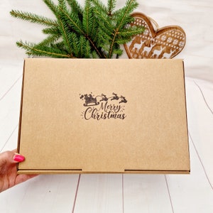 Joyeux Noël, boîtes-cadeaux kraft vides estampées à la main, boîte à paniers en carton robuste. Emballage de Noël robuste et mignon 10 x 10 x 3 po. ou 13 x 9,4 x 4 po.