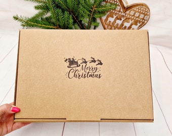 Merry Christmas Empty Hand Stamped Kraft Gift Boxes, Heavy Duty Cardboard Hamper Box. Sturdy & Cute Xmas Packaging 10x10x3" or 13x9.4x4"