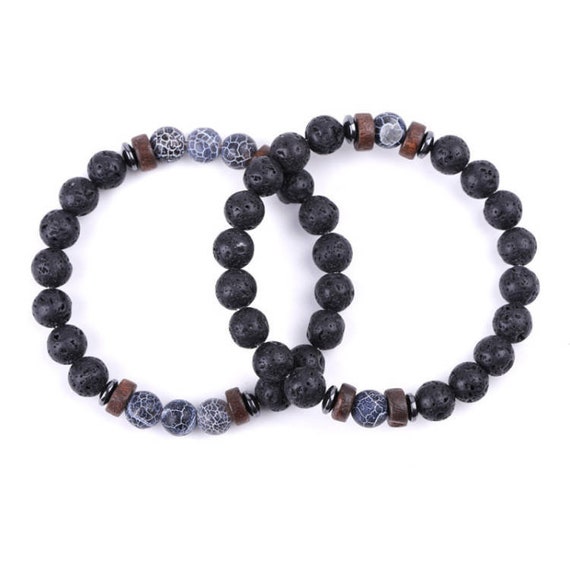 Couples Bracelet Set of 2 Matching Natural Black Lava Volcanic