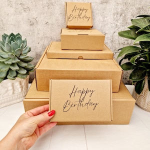 Happy Birthday Empty Hand Stamped Kraft Gift Boxes. Eco-Friendly Royal Mail Large Letter,Mini, Medium, Small Parcel, Cardboard Hamper Box