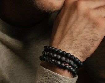 Christmas eco gift for him. Natural black lava volcanic stone bracelets for men. Yoga bead bracelet, meditation bracelet, healing bracelet