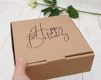 Happy Birthday Kraft Empty Gift Box. 6"x6"x2" Cute Eco Friendly Recyclable Sustainable Packaging. Unique Hand Stamped Cardboard Lidded Box