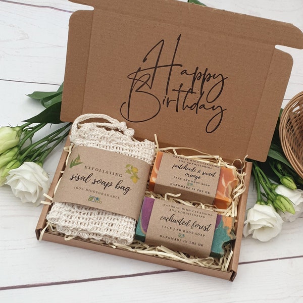 Birthday soap gift set box for her. x2 half UK handmade soap/50g + sisal soap bag. All natural eco friendly sustainable vegan gift for women