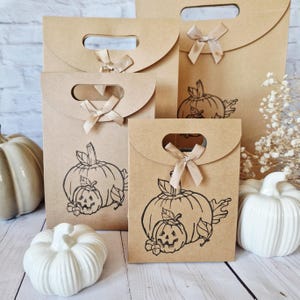May include: Kraft paper gift bags with a pumpkin design, featuring a handle and a small bow. The bags are decorated with a black pumpkin illustration. White ceramic pumpkins are also in the image.
