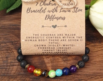 Bracelet en cristal de 7 chakras avec diffuseurs de pierre de lave. Bracelet unisexe spirituel, cadeau pleine conscience. Cadeau écologique yoga autosoins pour elle et lui