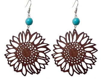 Wooden Sunflower Earrings with Turquoise Bead. Big Flower Earrings. Gift for Teenage Girl and Women. Eco Friendly Birthday Gift Idea for Her