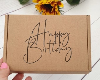 Happy Birthday Hand Stamped Kraft Empty Gift Box. Eco Friendly Recyclable Packaging. Royal Mail Large Letter Brown Cardboard PIP C6 Box