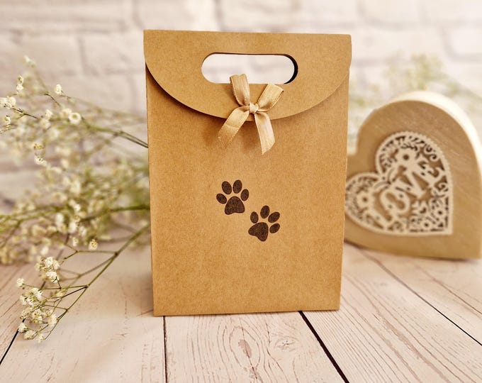 Puppy Dog Paw Print Treat Bag with Ribbon - Ideal Goodie Bags for Pet Parties, Dog, Cat Lovers. Eco Hand-stamped Mini Small, Medium Large