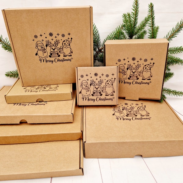 Merry Christmas Empty Hand Stamped Kraft Gift Boxes, Mini, Medium, Small Parcel, Cardboard Hamper Paper Box. Sturdy & Cute Xmas Packaging