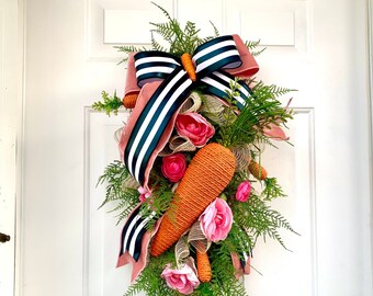 Carrot Swag Wreath, Orange and Pink Floral Wreath, Easter Wreath, Spring Wreath with Fancy Ribbon, Spring Swag Wreath