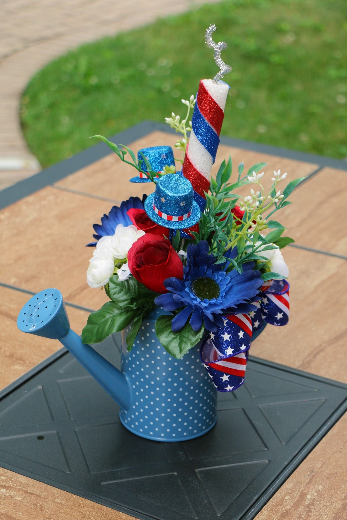 Watering Can Flower Arrangement Patriotic Centerpiece Blue Etsy