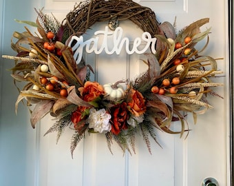 Thanksgiving Harvest Wreath, Fall Door Decor, Pumpkin and Fall Flowers in wreath, Modern Thanksgiving Decor, Fall Wreath, big boho wreath