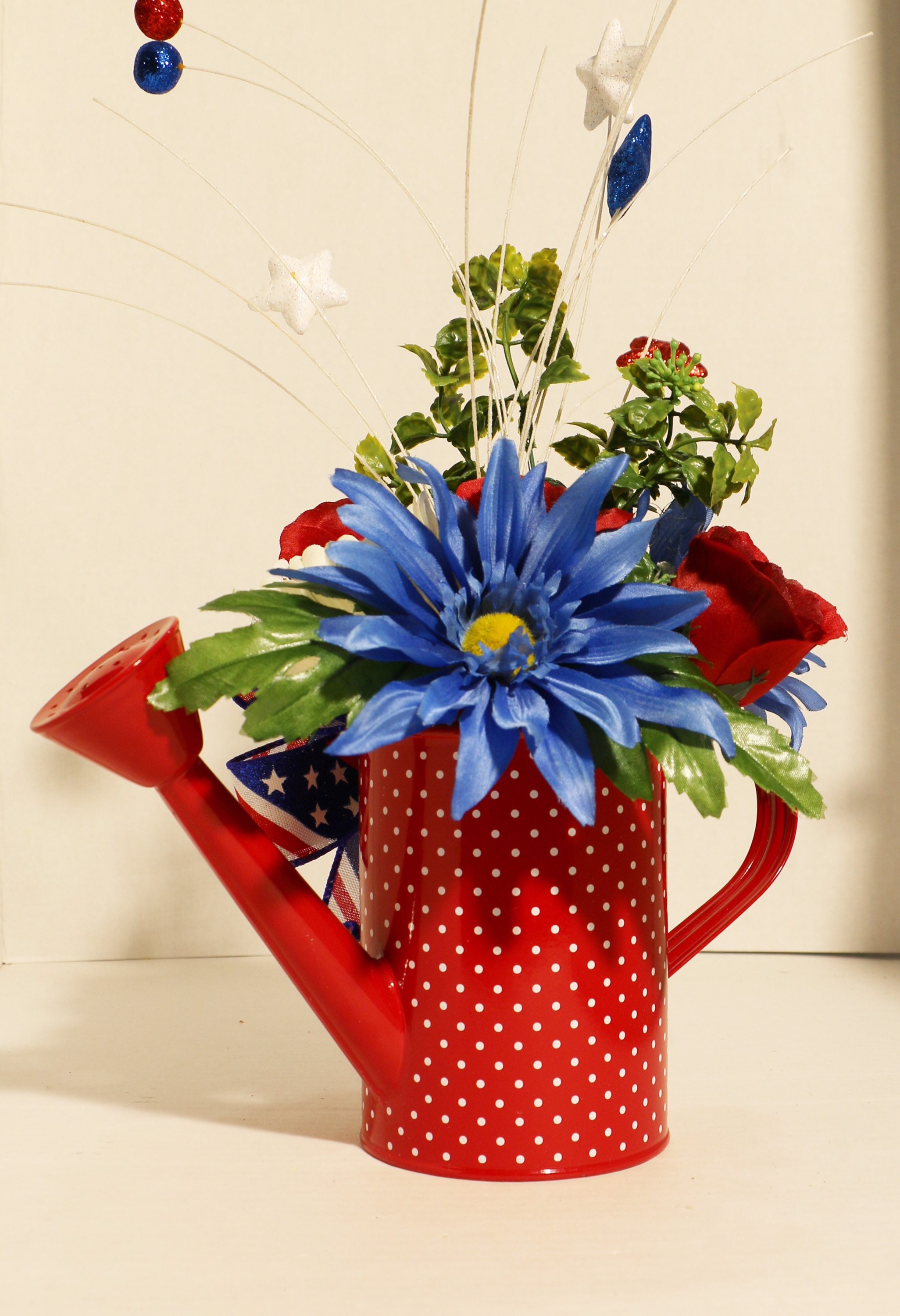 Watering Can Flower Arrangement Patriotic Centerpiece Red Etsy