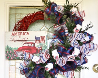 Patriotic Wreath, Everyday Wreath, Front Door Wreath, 4th of July Wreath, Memorial Day Wreath, Red White and Blue Wreath, Red Truck Wreath