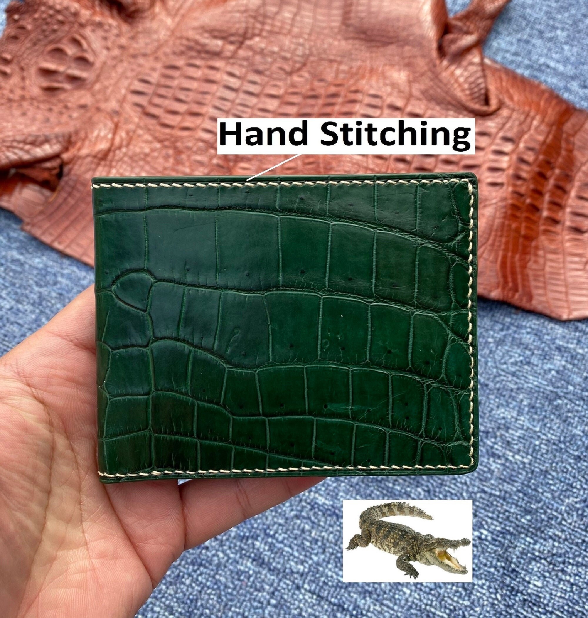 Green Alligator Wallet For Men Hand Stitching Free Etsy