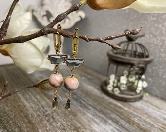 Handcrafted Long Hanging Botswana Agate Golden Plated Premium quality jewelry metal Handmade pink gray dangle Earrings