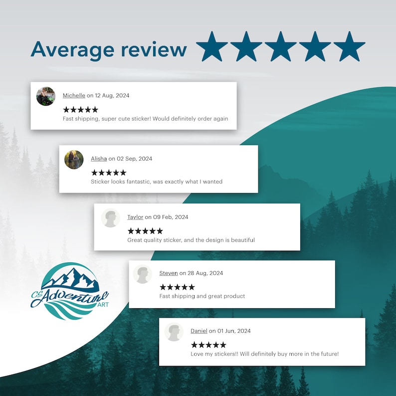 CS Adventure Art shop average review 5 stars, Fast shipping, super cute sticker! Would definitely order again. Sticker looks fantastic, Great quality sticker, design is beautiful, fast shipping and great product, love my stickers