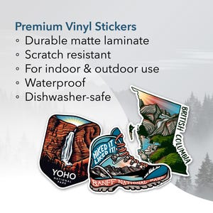 Premium Vinyl Stickers, durable matte laminate, scratch resistant, waterproof, dishwasher safe, indoor & outdoor use